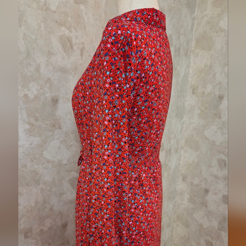 Amazon Essentials Red Floral Shirt Dress Button Front Belted Midi M - Picture 9 of 11